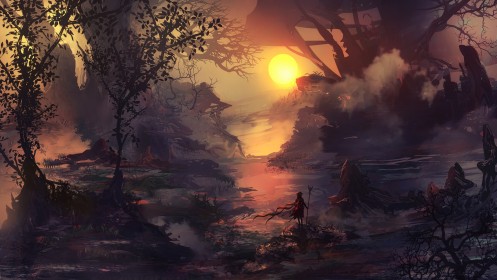 art digital,artwork,brume,dark fantasy,environnements,marais,soleil,solitude,voyageur