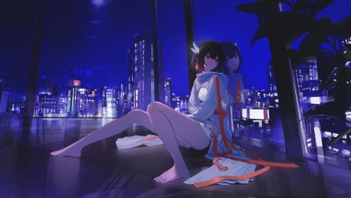 artwork,sitting,building,black hair,window,interior,legs,night,cityscapes,fantasy girl,feet,barefoot,reflection,city,red eyes