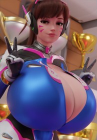 3d,blizzard entertainment,casque audio,cheveux chatain,cleavage,combinaison,courbée,d.va,double v,fille anime,frange,gants,gros seins,hanches larges,marque au visage,non-nude,overwatch,queue de cheval,seins énormes,seins gigantesques,v,yeux marron