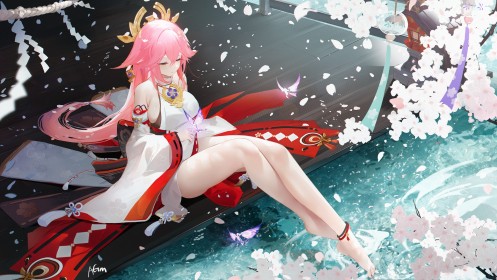 artwork,assis,cheveux rose,cuisses,genshin impact,habits japonais,jambes,jeux video,kimono,mèche entre les yeux,personnage feminin,très long cheveux,yae miko