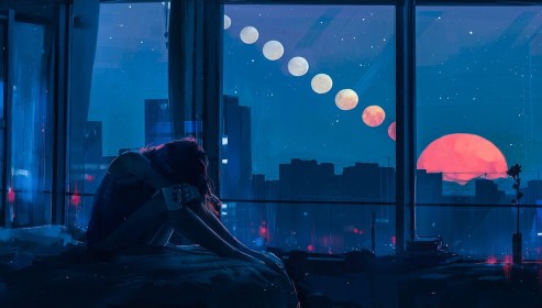 artwork,assis,background bleu,chambre,étoiles,fenêtre,interieur,lit,lune,nuit,personnage feminin,soleil,solitude,ville