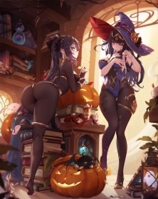 2 filles,bodystocking,chapeau,cheveux brun,citrouille,cleavage,combinaison,cosplay anime,couette,courbée,crossover,cuisses,cul,debout,fille anime,fire emblem,frange,genshin impact,gros seins,grosses cuisses,groupe de filles,halloween,hanches larges,jambe levée,jambes,leotard,mitsu art,mona (genshin impact),non-nude,penchée,regarde derrière,talon aiguille,tharja,thigh gap,tiare,vernis mains,yeux vert,yeux violet