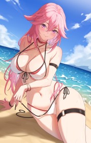 à la plage,assis,bikini,cheveux rose,cleavage,cuisses,dehors,fille anime,fille renard,genshin impact,gros seins,hanches larges,non-nude,rougeur,sangle de cuisse,sourire,soutif,string,très long cheveux,yae miko,yeux violet