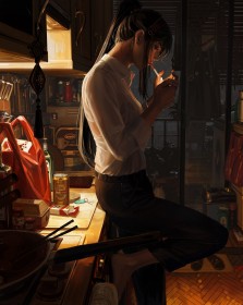 artwork,bandeau,chemise,cheveux brun,cigarette,debout,guweiz,interieur,office lady,pantalon,personnage feminin,queue de cheval