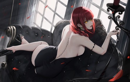 artwork,couch,chainsaw man,red hair,thighs,ass,anime girls,goth,big tits,legs,makima,white skin,fantasy girl,ponytail,looking back,dress,lipstick,sideboob,high heels,braid,nail polish,shiny eyes,yellow eyes