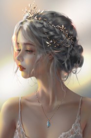 artwork,cheveux court,cheveux gris,chignon,couronne,personnage feminin,portrait,princesse,wlop,yeux bleu