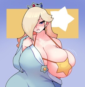 cheveux blond,cleavage,couronne,fille anime,gros seins,mario (series),nintendo,non-nude,oeil caché,princesse,princesse rosalina,robe,seins énormes,soutif,yeux bleu