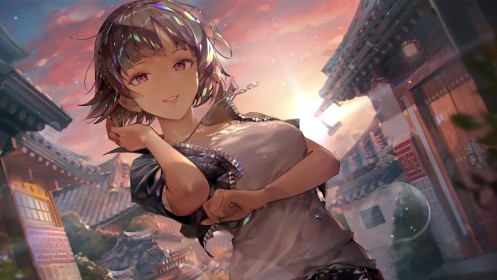 artwork,asie,cheveux chatain,cheveux court,coucher de soleil,dehors,frange,niijima makoto,persona,personnage feminin,sourire,yeux rouge