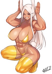 abdo,animal humanoide,bas,bikini,bikini doré,cheveux blanc,cleavage,fille anime,fille lapin,gros seins,grosses cuisses,habits brillants,hanches larges,micro bikini,miruko,muscle,my hero academia,non-nude,oreilles animaux,oreilles longues,peau foncée,pose lapine,queue,seins énormes,sourire,squat,super-héroïne,très long cheveux,yeux rouge