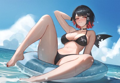 at the beach,hair ornament,hairclip,bikini,arms up,black hair,short hair,multicolored hair,choker,cleavage,thighs,in water,outdoors,ellen joe,anime girls,shark girl,bangs,big tits,legs,spread legs,wet,non-nude,feet,barefoot,tail,blush,lollipop,nail polish,toenail polish,red eyes,zenless zone zero