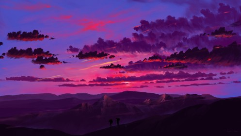 artwork,background violet,BisBiswas,ciel,environnements,lever de soleil,montagne,nuages,paysages,silhouette