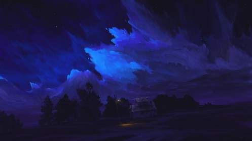 artwork,BisBiswas,environnements,étoiles,maison,nuages,nuit