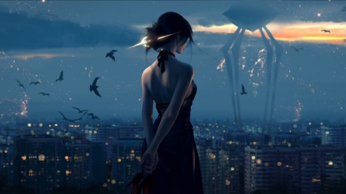 alien,artwork,arms behind back,building,black hair,short hair,sunset,standing,birds,cityscapes,fantasy girl,dress,science fiction,high heels,wlop