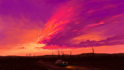 artwork,BisBiswas,ciel,coucher de soleil,environnements,nuages,route,voiture