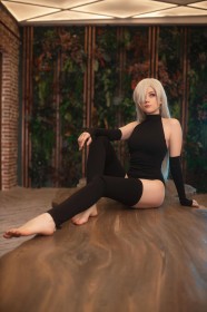 anastasia komori,sitting,thighhighs,caucasian,white hair,cosplay,thighs,elizabeth liones,women,gloves,legs,leotard,non-nude,hair over one eye,feet,barefoot,seven deadly sins,blue eyes