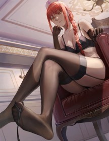 assis,bas,bas de lingerie,chainsaw man,chapeau,cheveux rouge,cleavage,cuisses,culotte,doigts de pied,femme dominante,fille anime,frange,gants,gants de coude,grosses cuisses,infirmière,jambes,jambes croisées,jarretelles,laisse,lingerie,makima,non-nude,pieds,plante des pieds,pov,queue de cheval,regarde en bas,seins moyens,soutif,tresse,vue du dessous,yeux jaune