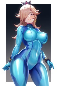 cheveux blond,combinaison,courbée,couronne,debout,fille anime,gros seins,grosses cuisses,habits brillants,hanches larges,mario (series),nintendo,non-nude,oeil caché,princesse,princesse rosalina,yeux bleu