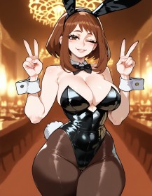 cheveux chatain,cheveux court,cleavage,clin d'oeil,collant,costume de lapin,courbée,debout,double v,fausses oreilles animaux,fille anime,gros seins,grosses cuisses,habits brillants,hanches larges,ia art,leotard,my hero academia,noeud papillon,non-nude,ochako uraraka,oeil fermé,sourire,super-héroïne,v,yeux marron