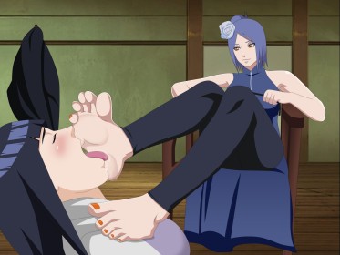 2 girls,hair ornament,sitting,hair flower,blue hair,black hair,short hair,toes,dominant female,submissive female,foot fetish,anime girls,bangs,multiple girls,hyuuga hinata,konan,licking,feet licking,lesbian,naruto (series),non-nude,feet,barefoot,piercing,soles,dress,blush,saliva,submission,smile,tongue out,toenail polish,closed eyes,orange eyes,yuri