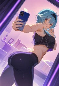 bandeau,cheveux bleu,cheveux court,cul,eula (genshin impact),fille anime,genshin impact,habits de sport,haut court,ia art,non-nude,pantalon,pantalon de yoga,selfshot,smartphone,tonique,v,vernis mains,yeux jaune