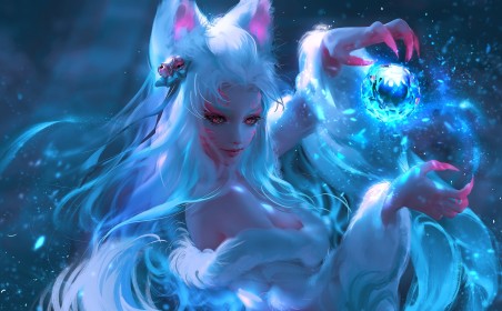 ahri,animal humanoide,artwork,background bleu,boules à cheveux,cheveux blanc,fantasy,fille renard,griffe,jeux video,league of legends,magie,marque au visage,nixeu,oreilles animaux,personnage feminin,sourire,très long cheveux,yeux rose