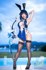 armpits,bow (weapon),weapon,asian,thighhighs,stockings,fishnet stockings,arms up,blue hair,short hair,cleavage,full body,cosplay,bunnysuit,thighs,panties,standing,outdoors,fake animal ears,women,bangs,genshin impact,big tits,haneame,legs,non-nude,pool,fishnets,dress,lipstick,high heels,yelan (genshin impact)