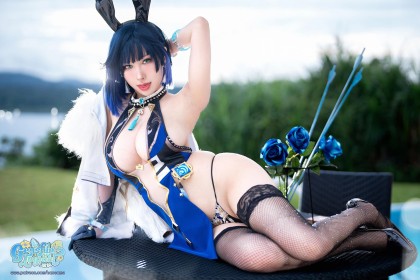 armpits,asian,thighhighs,stockings,fishnet stockings,arms up,blue hair,short hair,cleavage,cosplay,bunnysuit,thighs,panties,outdoors,fake animal ears,women,bangs,genshin impact,big tits,wide hips,haneame,legs,non-nude,fishnets,dress,thong,high heels,yelan (genshin impact),green eyes