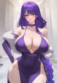 cheveux violet,choker,cleavage,courbée,cuisses,fille anime,frange,gants,gants de coude,genshin impact,gros seins,grosses cuisses,hanches larges,ia art,main sur la hanche,non-nude,queue de cheval,raiden shogun,robe,rougeur,sans culotte,sans soutif,seins énormes,sourire,très long cheveux,tresse,yeux violet