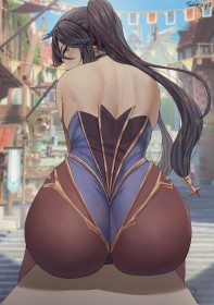 accessoire de cheveux,assis,cheveux brun,choker,collant,couette,cul,dehors,fille anime,genshin impact,gros cul,hanches larges,jambes,leotard,mona (genshin impact),non-nude,regarde derrière,rougeur,ruban à cheveux,shexyo,très long cheveux