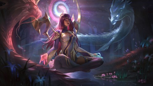 art digital,artwork,cheveux violet,creature,dragon,fantasy,foret,heterochromia,invocation,jeux video,karma (league of legends),league of legends,mèche entre les yeux,méditation,personnage feminin