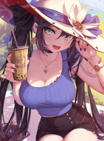 artwork,assis,chapeau,cheveux brun,cleavage,couette,debardeur,genshin impact,gros seins,hanches larges,mona (genshin impact),personnage feminin,short,sourire,très long cheveux,vernis mains,yeux vert