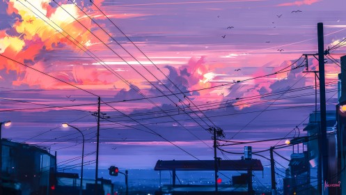 aenami,artwork,ciel,coucher de soleil,environnements,ligne électrique,nuages,rue