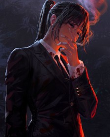 artwork,cheveux brun,cigarette,costard,cravate,frange,guweiz,personnage feminin,queue de cheval,sang