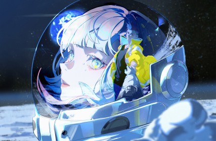 artwork,astronaute,casque,cd projekt red,cheveux blanc,couple,cyberpunk edgerunners,david martinez,espace,étoiles,frange,lucy kushinada,lune,personnage feminin,personnage masculin,réflexion,sourire