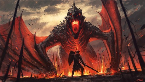 arme,artwork,bouclier,champ de bataille,combat,creature,dark fantasy,différence de taille,dragon,épée,fantasy,feu,guerrier,rugissement