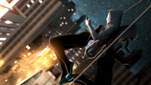 artwork,building,capuche,combinaison,marvel,masque,nuit,personnage feminin,réflexion,spider gwen,spider-man (series),super-héroïne,ville