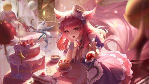 animal humanoide,artwork,cheveux rose,fraise,frange,gateau,honor of kings,maid,oreilles animaux,personnage feminin,queue,sourire,yeux marron