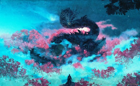 artwork,background bleu,creature,dragon,fleur de cerisier,jeux video,sekiro shadows die twice