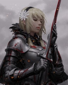 accessoire de cheveux,arme,armure,artwork,broche en fleur,chevalier,cheveux blond,épée,fantasy,guweiz,personnage feminin,sang,yeux fermés