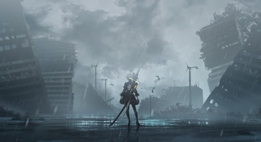 apocalypse,arme,artwork,background gris,brume,épée,jeux video,nier (series),personnage feminin,pluie,ville,yorha 2b