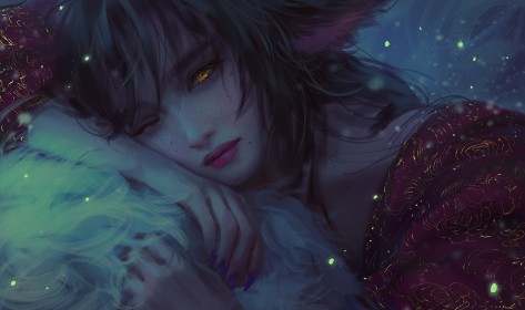 ahri,artwork,cheveux brun,fille renard,league of legends,nixeu,oeil fermé,ongles longs,oreilles animaux,portrait,rouge a lèvres,vernis mains,yeux jaune