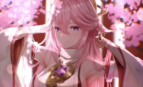 artwork,background rose,cheveux rose,genshin impact,habits japonais,jeux video,mèche entre les yeux,personnage feminin,portrait,yae miko,yeux violet