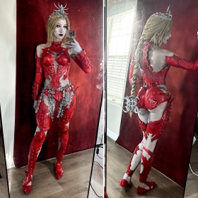 baldur's gate,blonde hair,cosplay,standing,women,multiple views,non-nude,orin the red,shiny skin,ponytail,lipstick,selfshot,smartphone,braid,veenacos