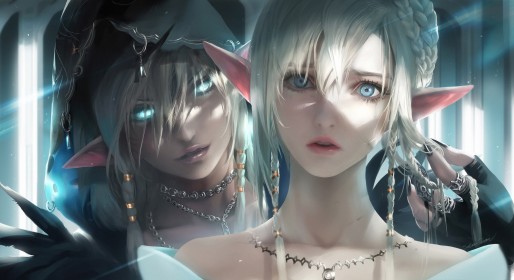 2 filles,artwork,capuche,cheveux blanc,elf,groupe de filles,mèche entre les yeux,oreilles pointues,personnage feminin,portrait,sakimichan,tresse,tresse en couronne,yeux bleu,yeux brillants