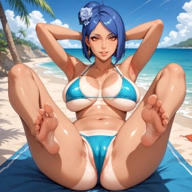 à la plage,accessoire de cheveux,aisselle,alex-schura,assis,bikini,bras levés,broche en fleur,cameltoe,cheveux bleu,cheveux court,chignon,cleavage,courbée,cuisses,dehors,doigts de pied,fille anime,frange,goutte de sueur,gros seins,ia art,jambes,jambes écartées,jambes levées,konan,naruto (series),non-nude,peau brillante,pieds,pieds nus,plante des pieds,rougeur,sourire,string,underboob,yeux orange