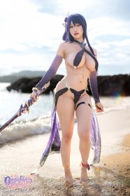 at the beach,hair ornament,weapon,asian,bikini,purple hair,cleavage,cosplay,thighs,standing,outdoors,sword,women,bangs,genshin impact,big tits,haneame,legs,non-nude,raiden shogun,thigh strap