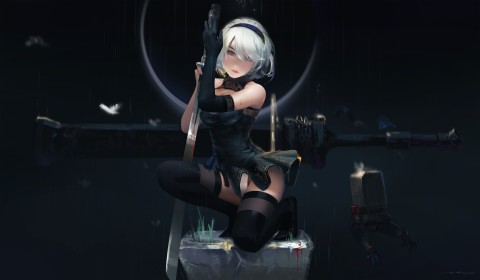 à genou,arme,artwork,bandeau,bas,bas de lingerie,botte,botte longue,cheveux blanc,cheveux court,cuisses,épée,gants de coude,jeux video,nier (series),personnage feminin,pluie,robe,yeux bleu,yorha 2b