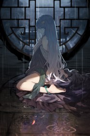 hair ornament,artwork,sitting,white hair,water,fu hua,honkai (series),video games,fantasy girl,feet,barefoot,rain,very long hair,blue eyes