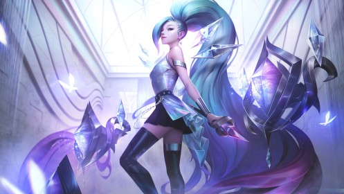 arme,art digital,artwork,bas,botte,botte longue,cheveux bleu,cristal,debout,jeux video,jupe,league of legends,mini jupe,personnage feminin,queue de cheval,seraphine (league of legends),très long cheveux