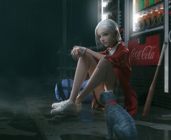 artwork,assis,chat,chaussure,cheveux blanc,coca cola,collier,dehors,distributeur,jupe,personnage feminin,pluie